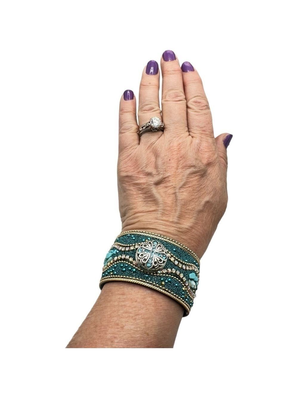 Western Turquoise & Gold Boho Cuff Bracelet & Blue Cross 18mm Ginger Snap NWT